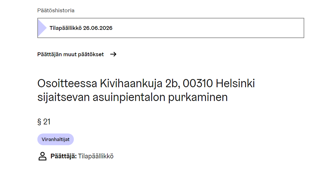 Kivihaanpuiston talojen purkupäätös 2026
